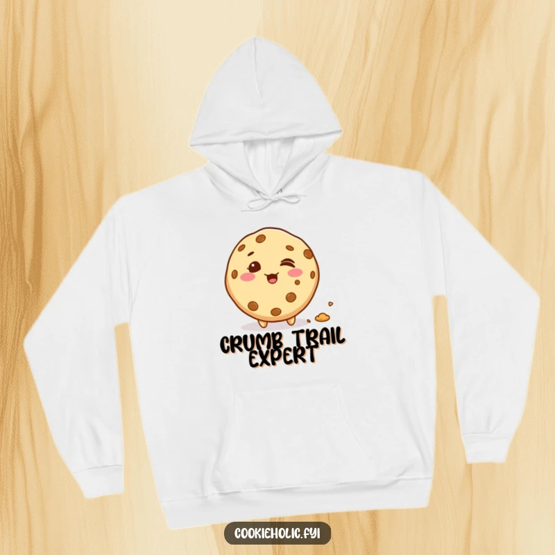 Funny giggling kawaii cookie character leaving a trail of crumbs, warm and cozy hoodie for cookie lovers, perfect funny gift.