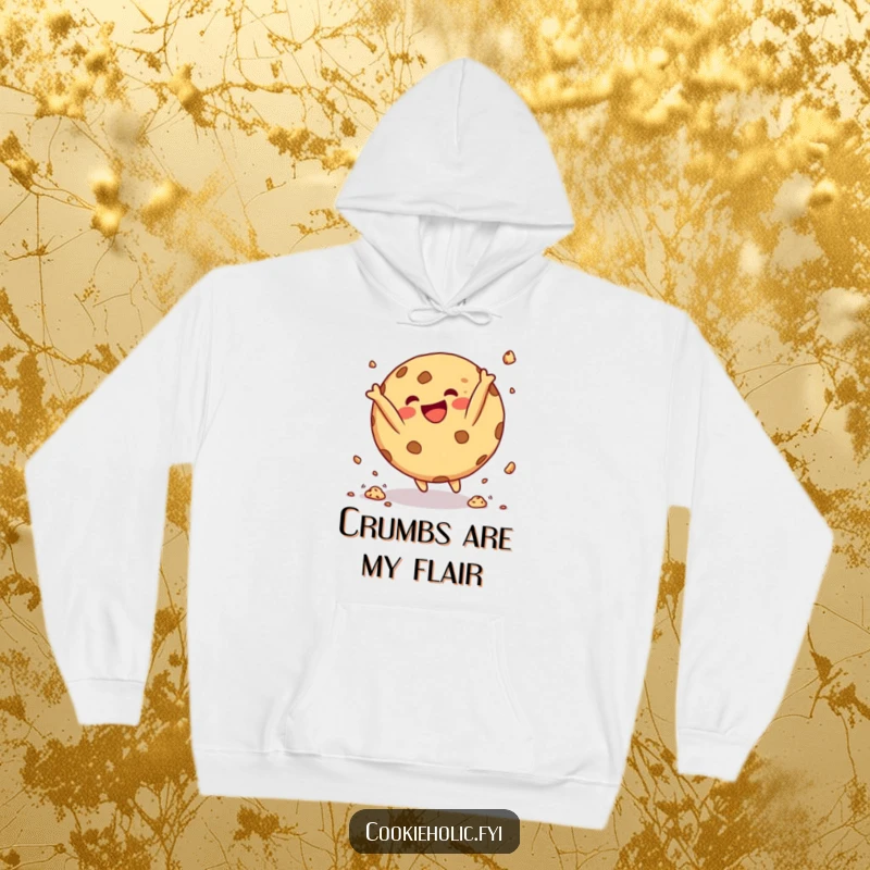Funny Hoodie depicting a round cookie character doing a happy somersault, with crumbs flying, symbolizing joyful movement and fun.