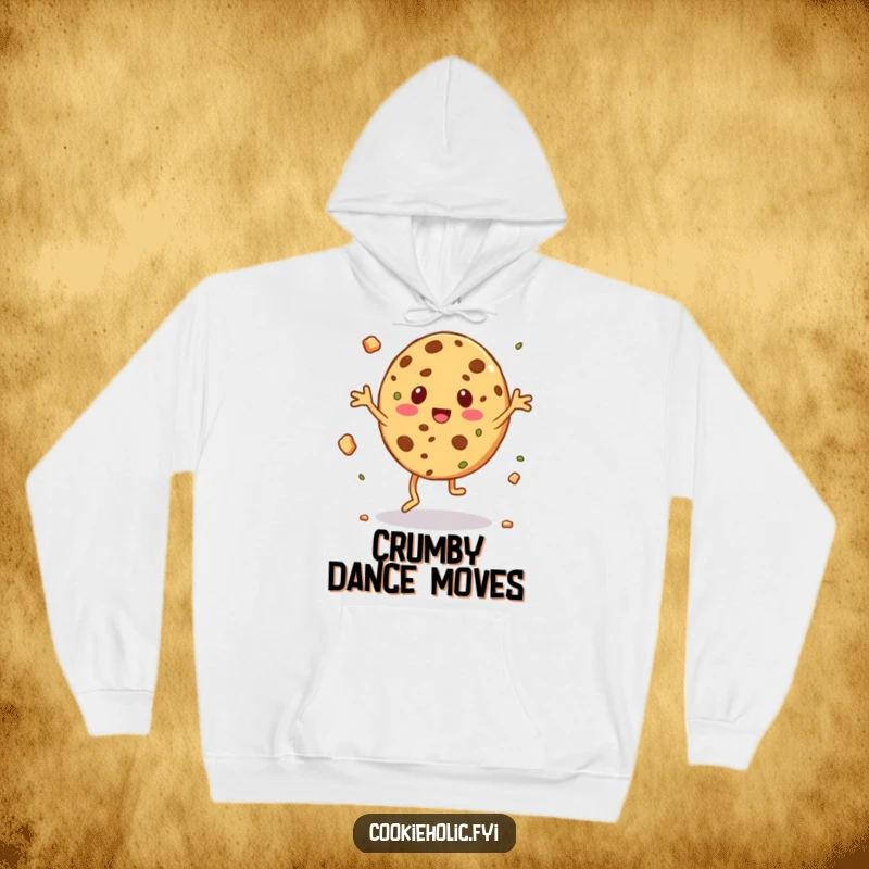Funny hoodie with a cookie character in the middle of a silly jig, surrounded by flying crumbs.
