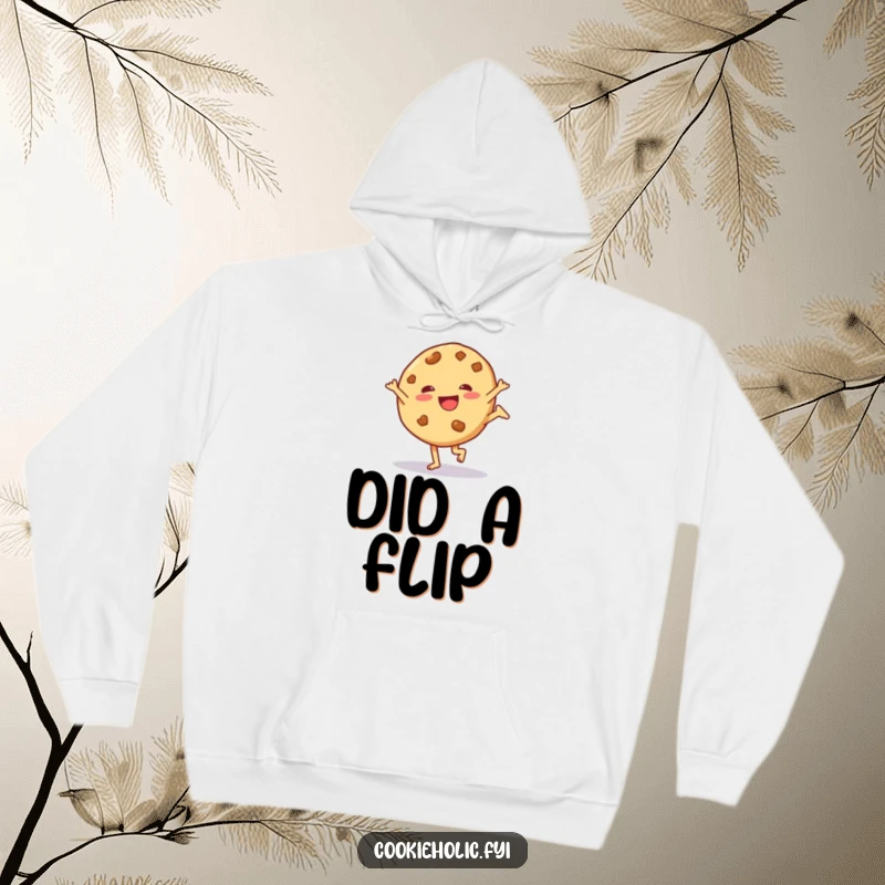 Funny hoodie with a cookie character mid-cartwheel, radiating playful excitement and energy.