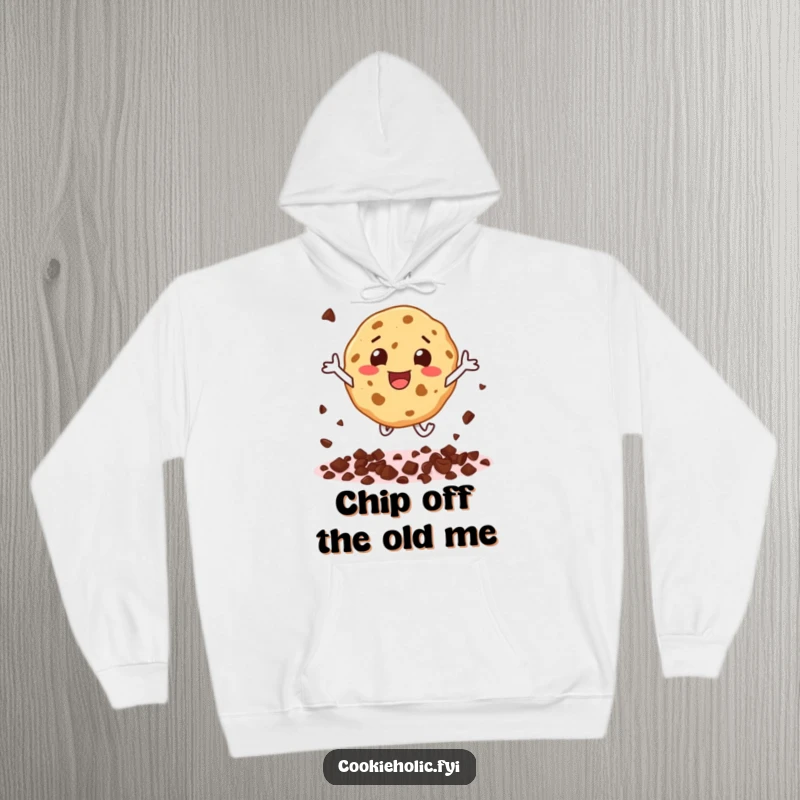 Funny hoodie featuring a happy cookie character scattering chocolate chips while performing an ecstatic leap.