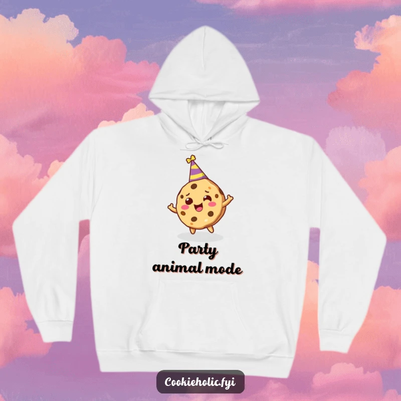 Funny hoodie showcasing a cookie character wearing a party hat, joyfully spinning in a celebratory dance.