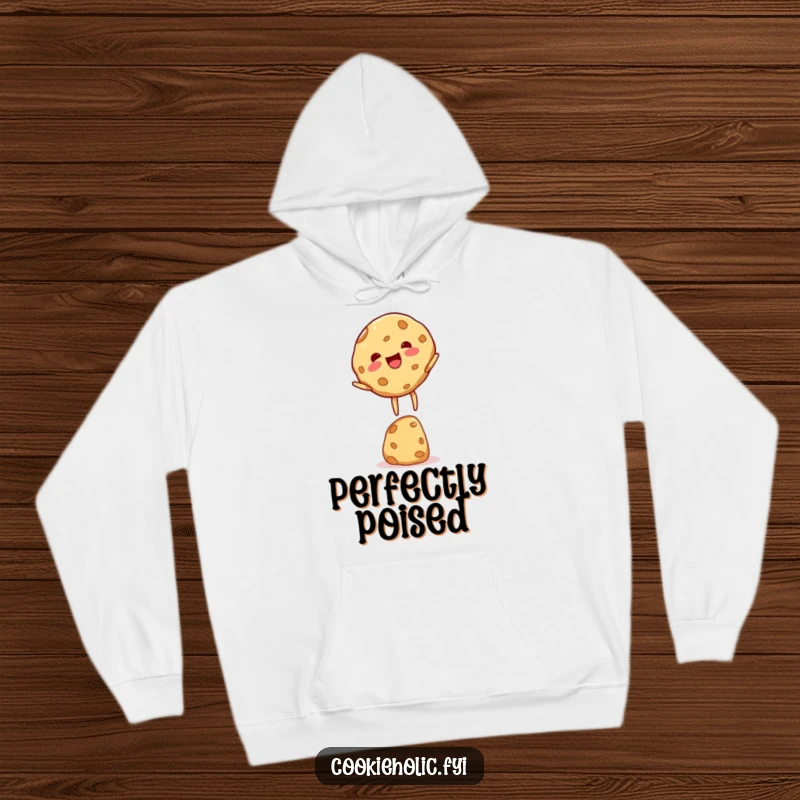 Funny cookie character hoodie, depicting a cookie expertly balancing on its edge with a look of pure, sweet delight.