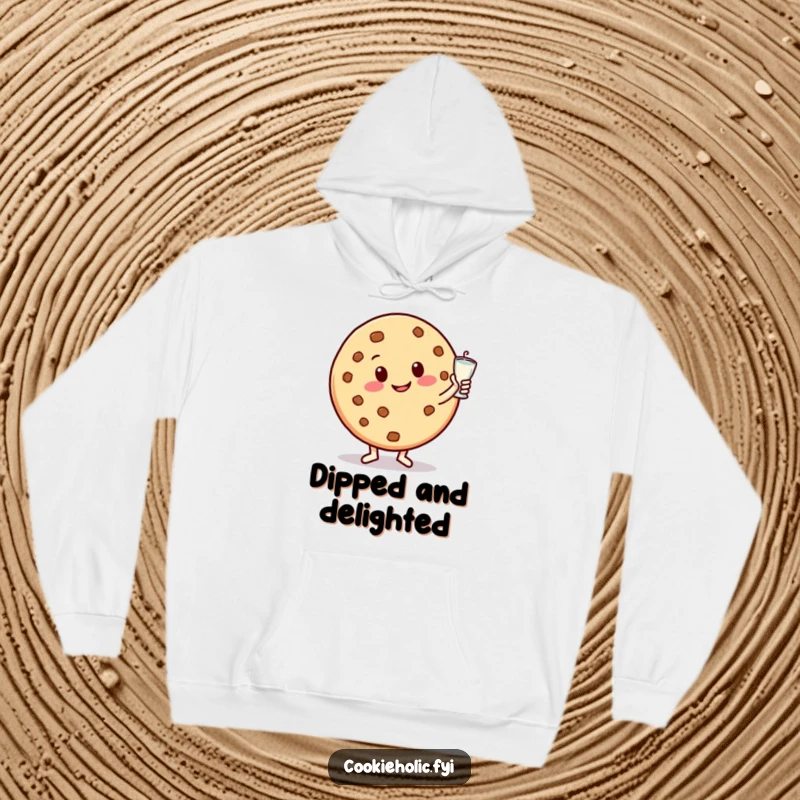 Funny hoodie featuring a happy, round cookie character smiling and dancing with a milk glass, offering warmth and sweet humor.