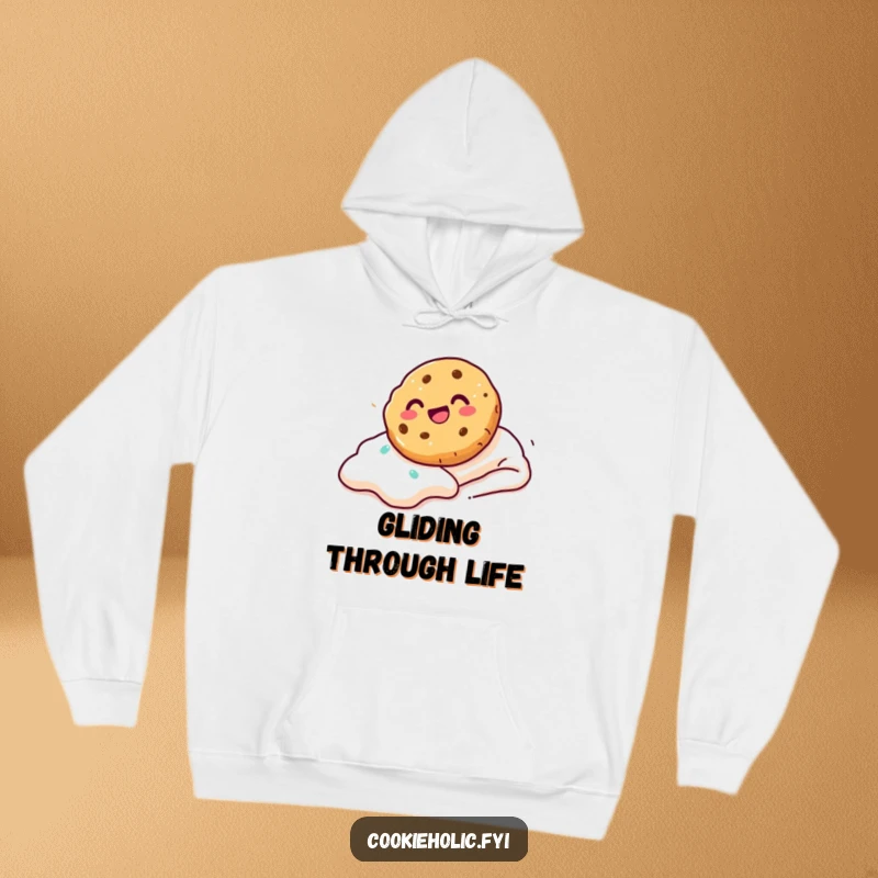 Funny Hoodie depicting a cookie sliding down a frosting slope with an expression of pure glee and excitement.