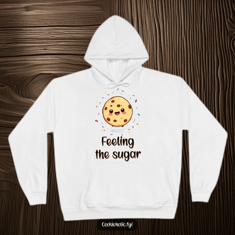 Funny hoodie featuring a cookie character in a joyful spin with sprinkles scattering around, offering warm humor and a delightful dessert theme, a great gift.