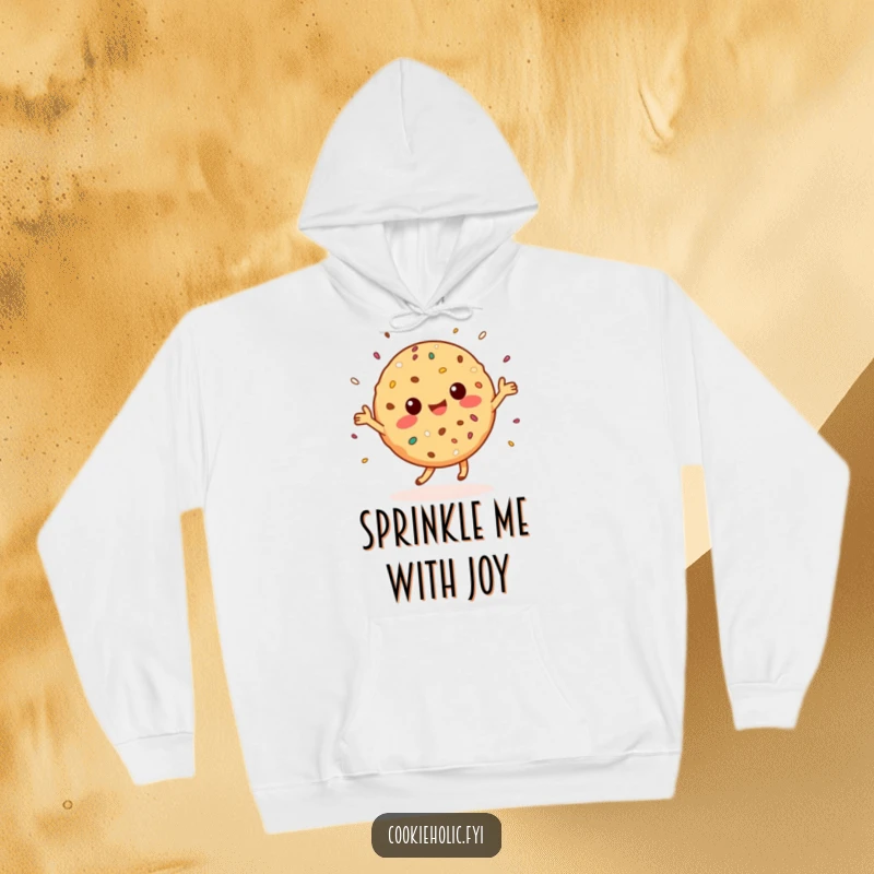 Funny Hoodie: A joyful Kawaii cookie character dances energetically, scattering sprinkles in a happy, celebratory mood.