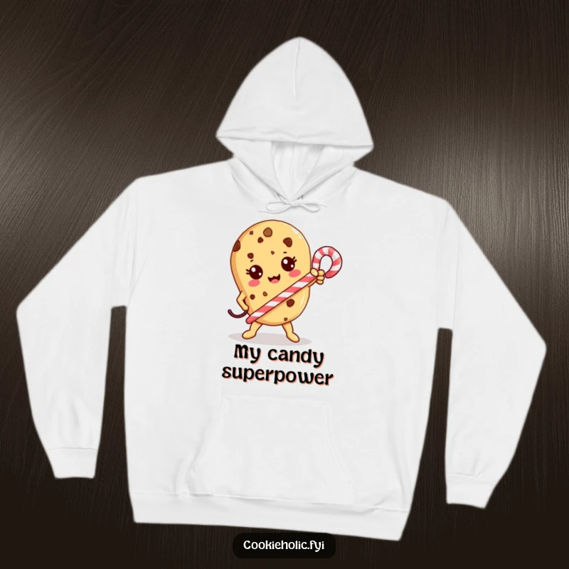 Funny Hoodie: A Kawaii cookie character strikes a heroic pose with a candy cane, radiating courage.