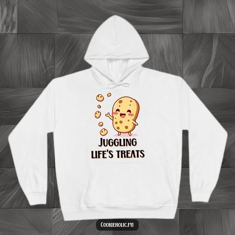 Funny Hoodie: A Kawaii cookie character excitedly juggles cookie pieces, radiating cheerful energy and skill.