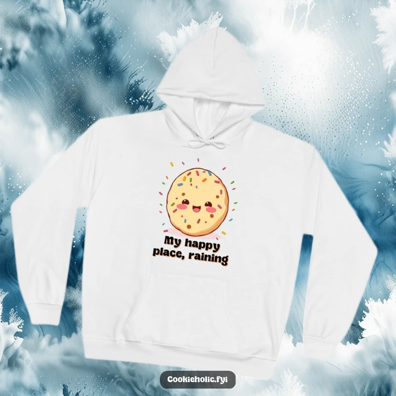 Funny hoodie with a kawaii cookie character joyfully dancing under a delightful rain of colorful sprinkles, exuding sweetness and warmth.