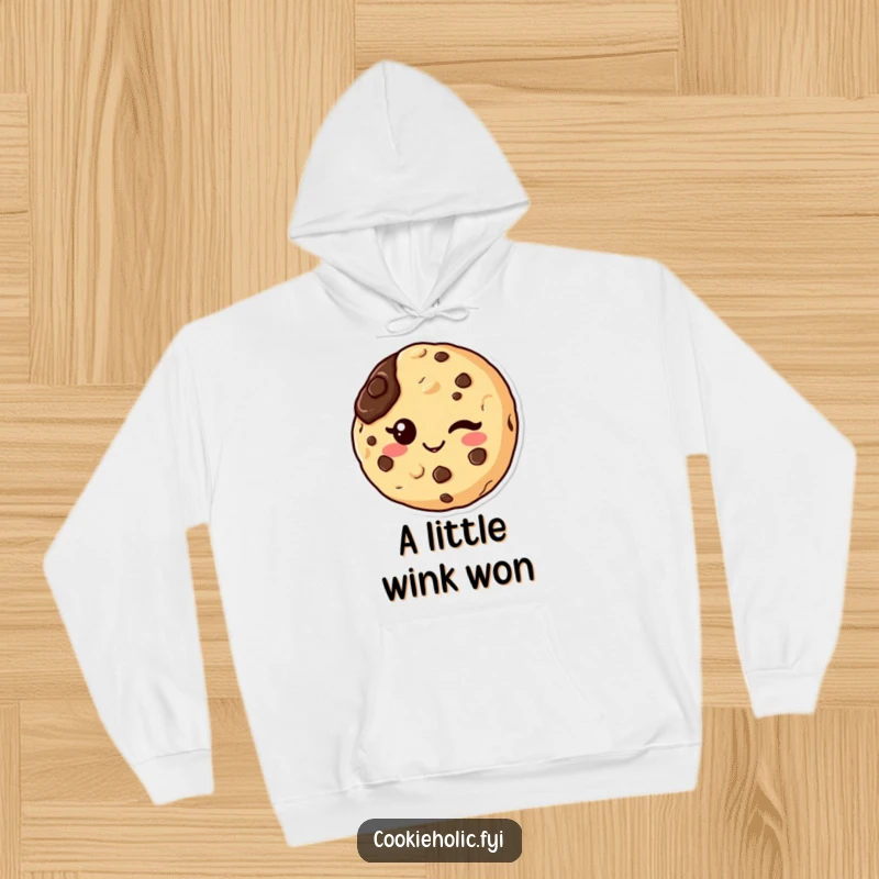 Funny, cozy hoodie featuring a kawaii chocolate chip cookie character giving a cheeky wink, adorned with a chocolate smudge.