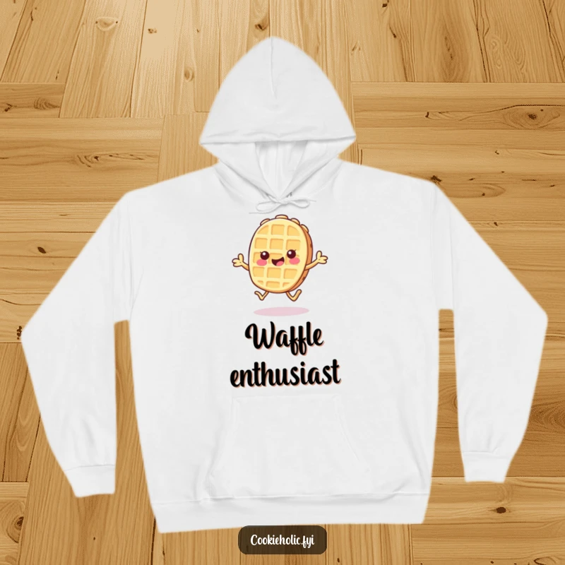 Funny hoodie featuring a Kawaii waffle cookie character doing a cheerful hop, offering cozy happiness and playful energy.