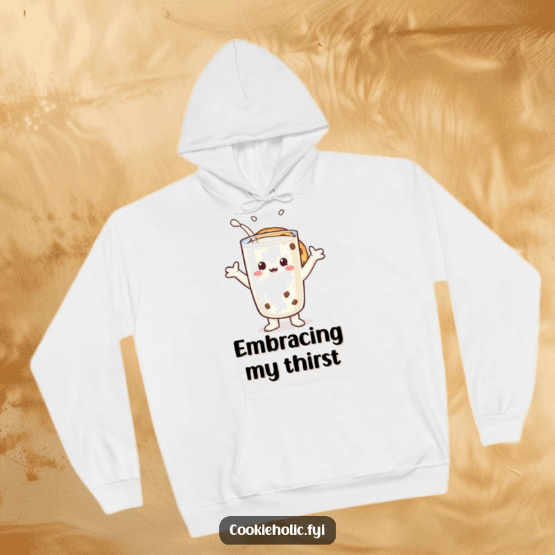 Funny hoodie featuring a cookie character with arms wide open, giving a giant glass of milk a big hug.