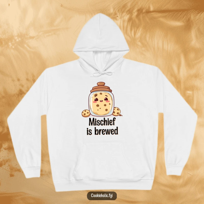 Funny hoodie showcasing a cookie with a mischievous grin peeking from behind a cookie jar, offering warmth and a playful vibe.