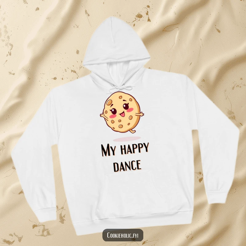 Funny hoodie showcasing a cookie character with a goofy expression doing a silly spin, offering warmth and playful vibes.