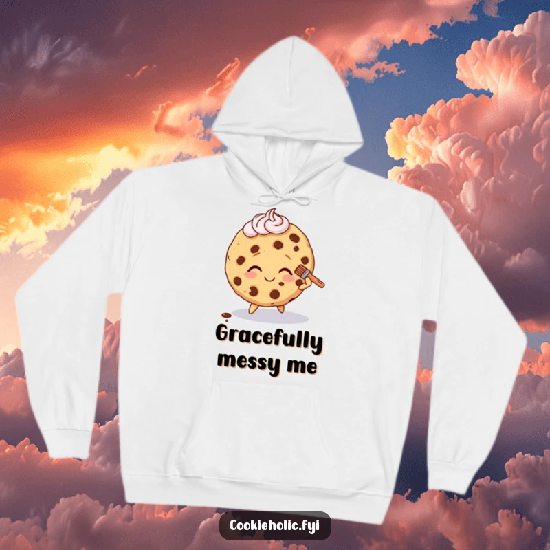 Funny hoodie showcasing a cookie character tripping slightly, smiling, and brushing off frosting with a shrug.