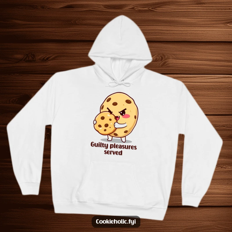 Funny Hoodie: A mischievous cookie character winks while presenting a golden-brown baked cookie. Cozy and funny gift.