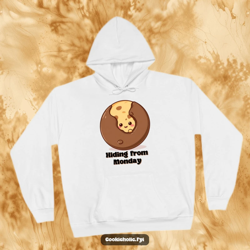 Funny shy cookie hoodie depicting a cookie peeking shyly from behind an oversized chocolate chip, looking sweet and bashful.