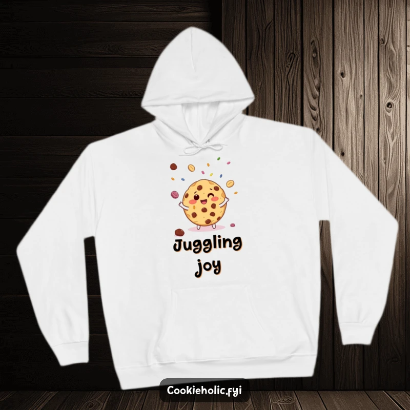 Funny hoodie featuring a giggling chocolate chip cookie juggling tiny candy sprinkles, offering cozy comfort and sweet humor.