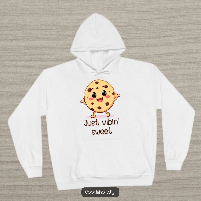 Funny hoodie with a happy cookie character with chocolate chip eyes, captured mid-funky dance, spreading cheer.