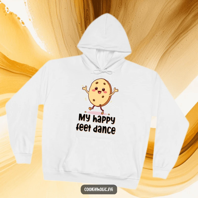Funny hoodie with a kawaii cookie character doing a silly jig, its crumbly feet adding to the charm and fun.