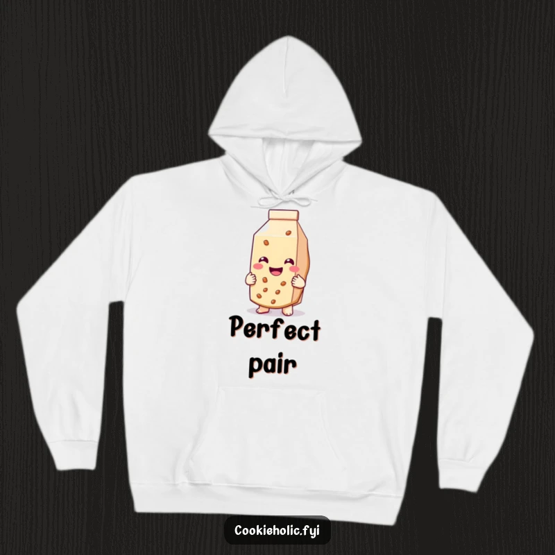 Funny hoodie with a cookie joyfully hugging a milk carton, symbolizing sweet companionship and comfort.
