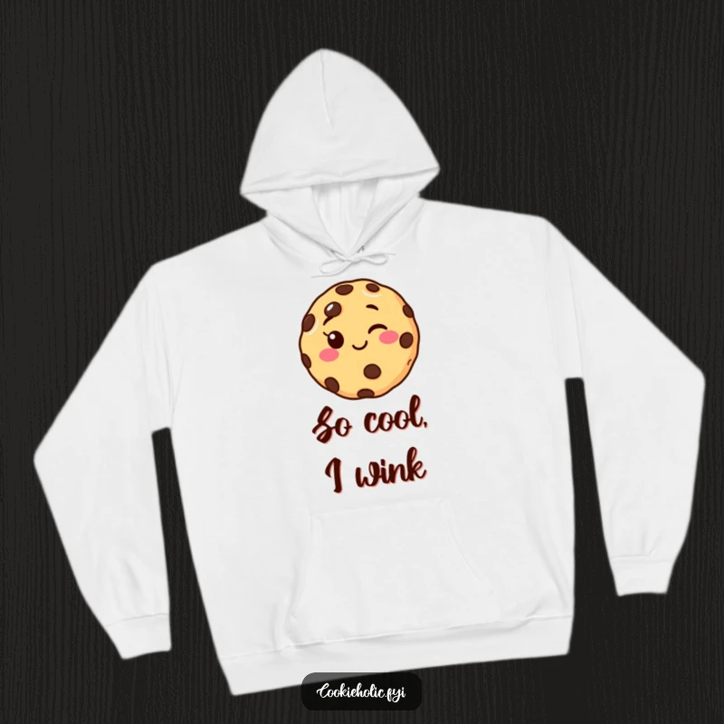 Funny cozy hoodie featuring a smiling chocolate chip cookie character giving a playful wink, ideal for warm and humorous comfort.