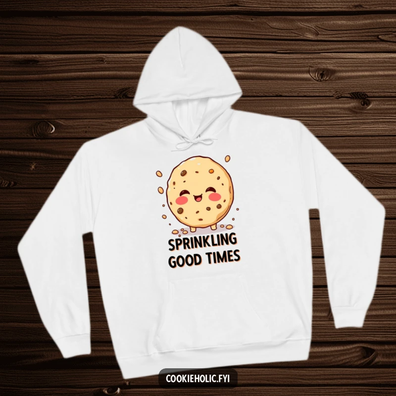 Funny cozy hoodie featuring a rosy-cheeked cookie joyfully sprinkling crumbs, perfect for warm and humorous comfort.