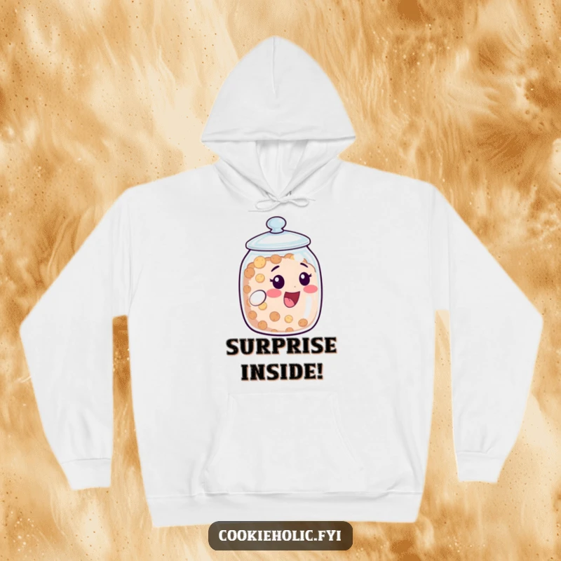 Funny Hoodie: A cookie jar character peeks from its open lid with a happy, delighted expression. Cozy and funny gift.