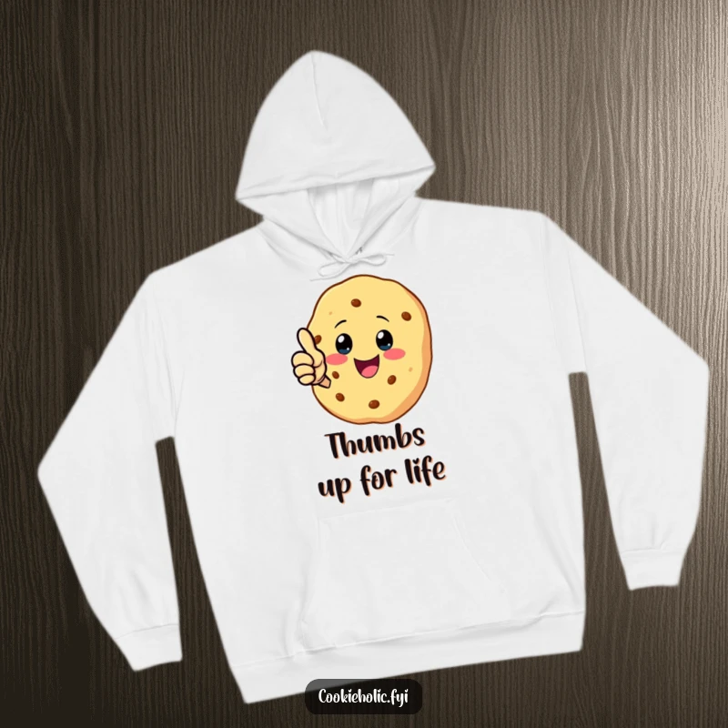 Funny hoodie with a kawaii cookie character giving a solid thumbs-up, offering warmth and a positive message.