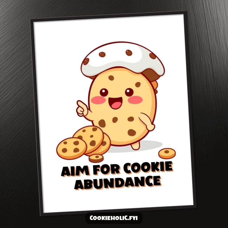 Funny free printable wall art of a kawaii cookie character pointing excitedly at an enormous cookie jar, desiring all the treats.