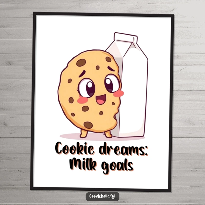 Funny Free Printable Wall Art: A cookie with enormous, excited eyes fixated on a giant milk carton, conveying pure, sweet anticipation.