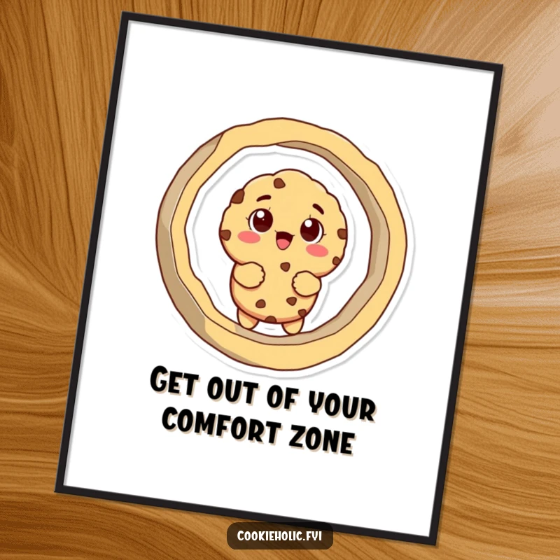 Funny Free Printable Wall Art: A cookie character comically stuck in a giant cookie cutter, looking surprised and amused, art.