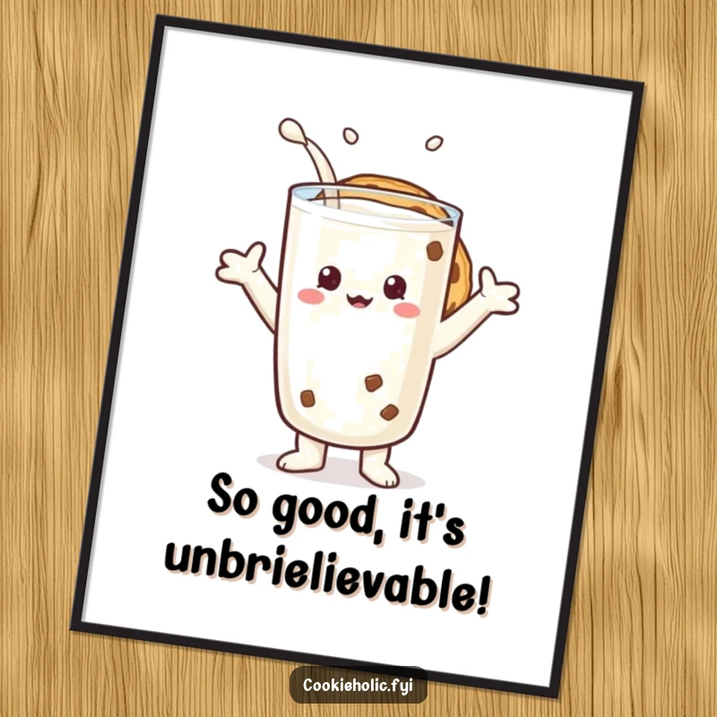 Funny Free Printable Wall Art: Cookie character embraces a giant glass of milk, embodying comfort and joy.