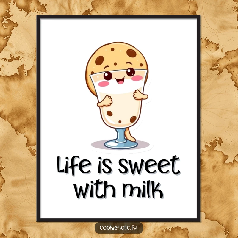 Funny Free Printable Wall Art: Cheerful kawaii cookie character doing a lively dance around a glass of milk, exuding pure joy.