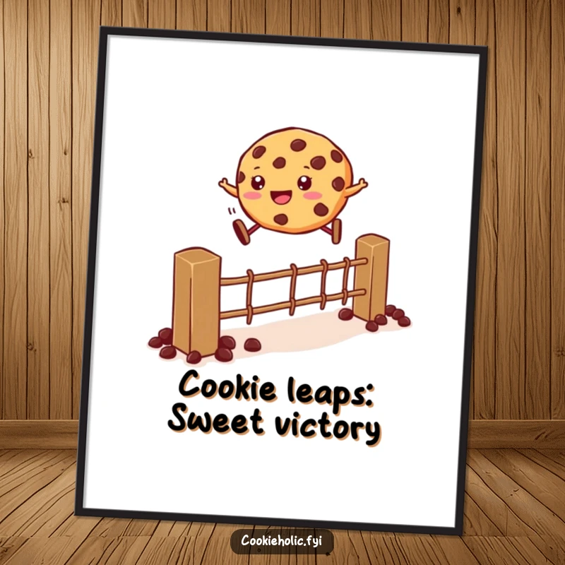 Funny Free Printable Wall Art: A cookie in mid-air, leaping over a fence crafted from chocolate chips, showcasing energetic fun.