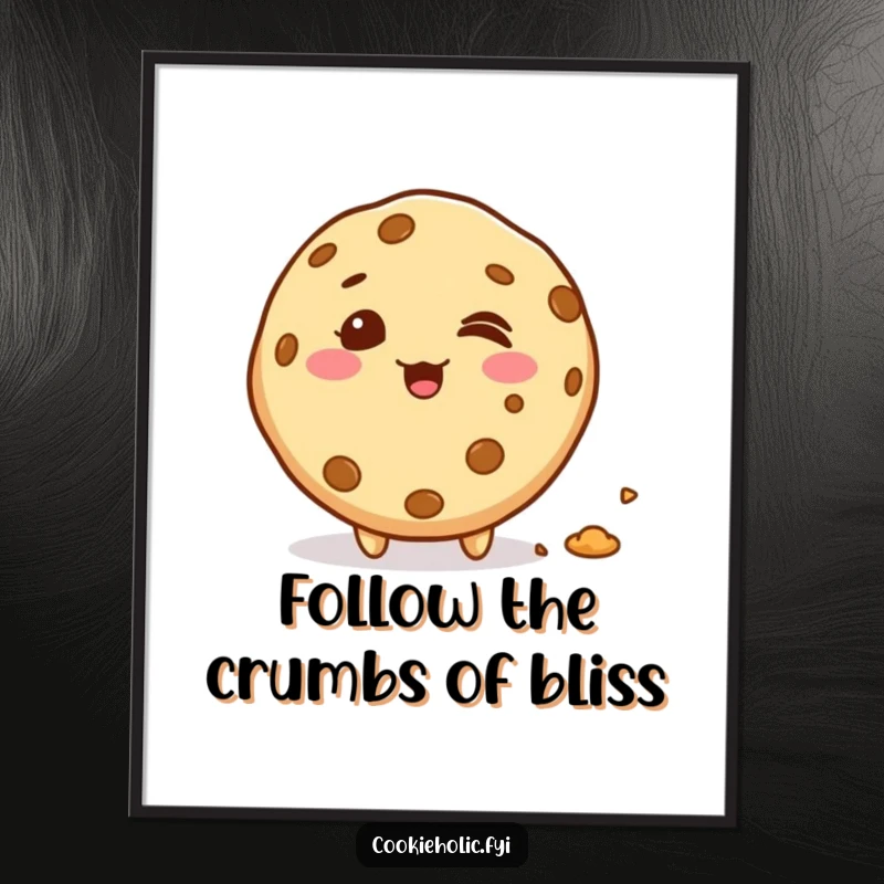 Funny Free Printable Wall Art: Giggling kawaii cookie character joyfully scattering crumbs, adding a touch of playful delight.