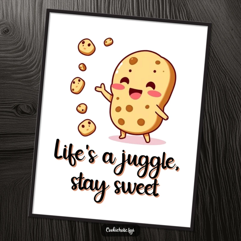 Funny Free Printable Wall Art: A Kawaii cookie character energetically juggling smaller cookie pieces in a playful circus act.