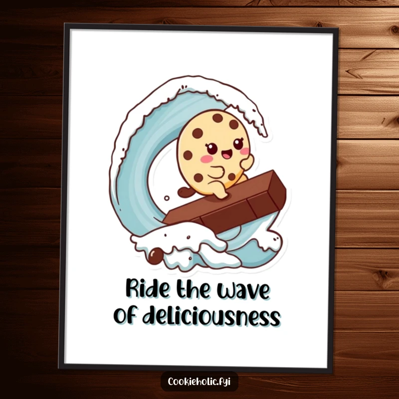 Funny free printable wall art depicting a kawaii cookie character riding a giant chocolate chip like a spectacular ocean wave.