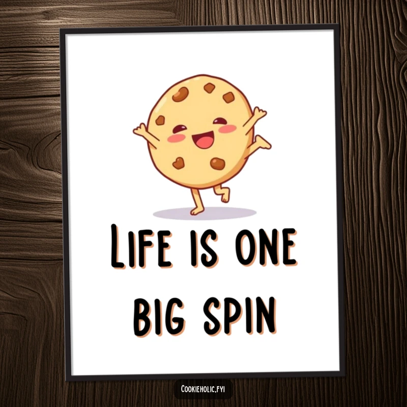 Funny free printable wall art depicting a cookie character doing a fun and energetic cartwheel.