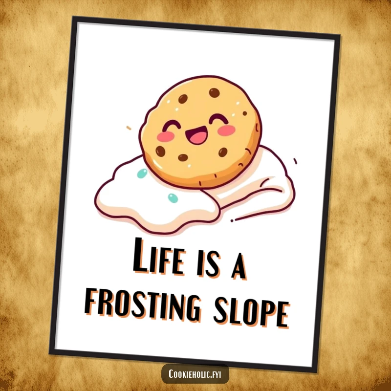 Funny Free Printable Wall Art showing a cookie with a huge smile, gleefully sliding down a smooth, tempting frosting slope.