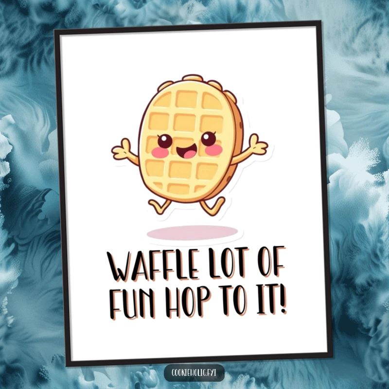 Funny Free Printable wall art of an adorable Kawaii waffle character captured mid-hop with infectious, cheerful energy.
