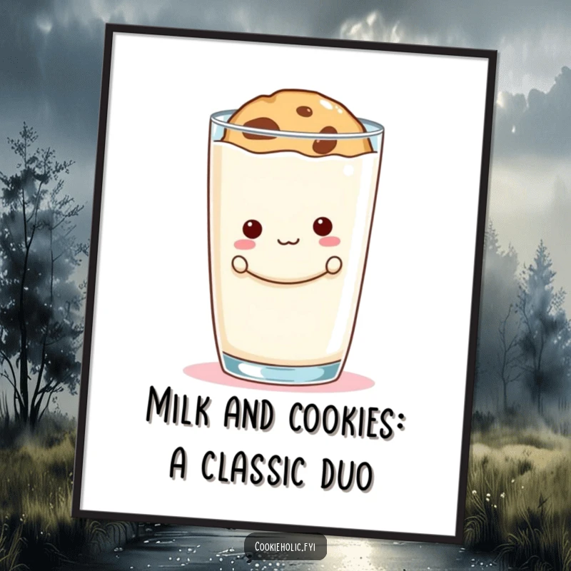 Funny Free Printable Wall Art: A mischievous cookie peeking coyly from behind an oversized glass of milk, full of personality.