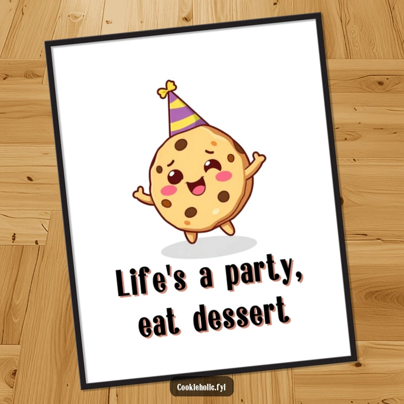 Funny Free Printable Wall Art: Cookie Character Wearing a Party Hat, Spinning Around in Pure Delight