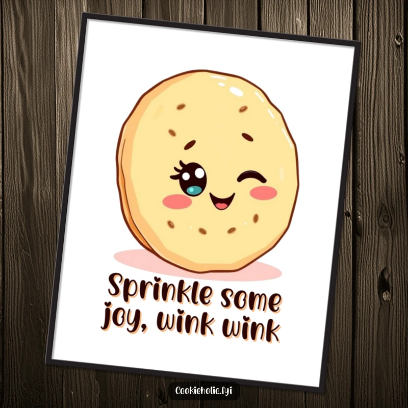 Funny Free Printable wall art of a delightful Kawaii shortbread cookie character playfully winking with a sprinkle eye.
