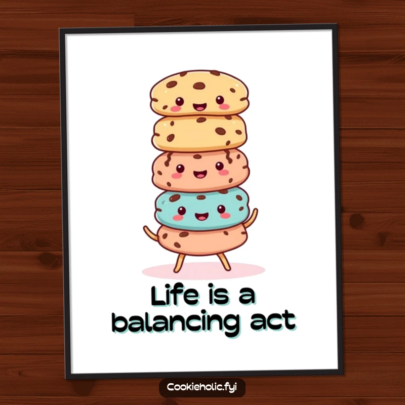 Funny Free Printable Wall Art of a Stack of Kawaii Cookies Doing a Joyful, Wobbly Balancing Act