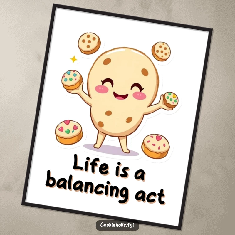 Funny Free Printable Wall Art: Smiling cookie character juggling three smaller, decorated cookies, humorous downloadable decor.