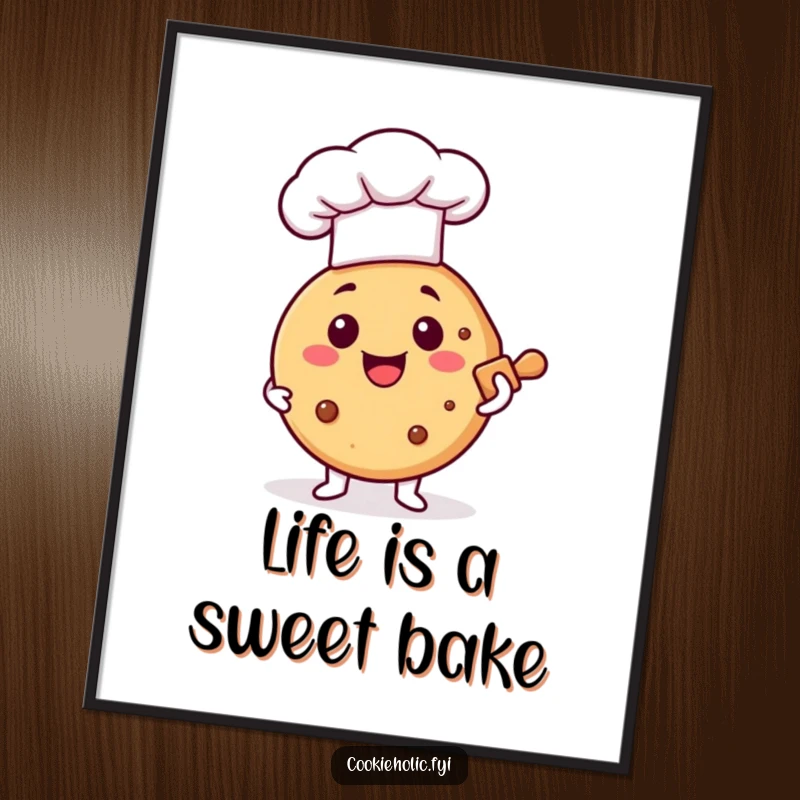 Funny Free Printable Wall Art: A happy cookie sporting a tiny chef hat holds a rolling pin, ready to whip up some kitchen joy.
