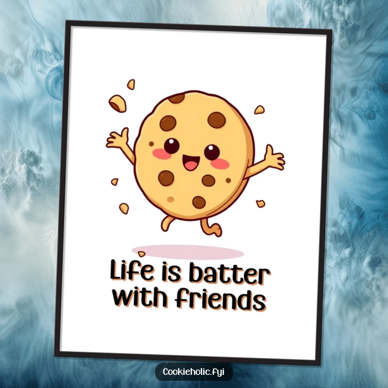 Funny free printable wall art depicting a cookie character in a joyous dance with crumbs scattering, adding fun.