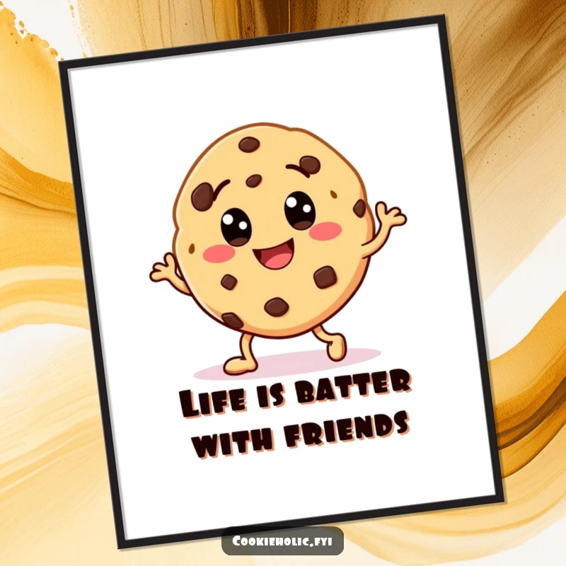 Funny Free Printable Wall Art: A happy cookie character with chocolate chip eyes doing a lively dance, spreading joy.